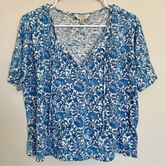 Lucky Brand Blue Floral Oversized Comfy Cropped Tee Tie Neck Top Size Medium - Picture 1 of 8